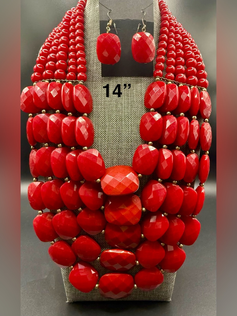 Bold Red Multi-Strand Statement Necklace with Matching Earrings